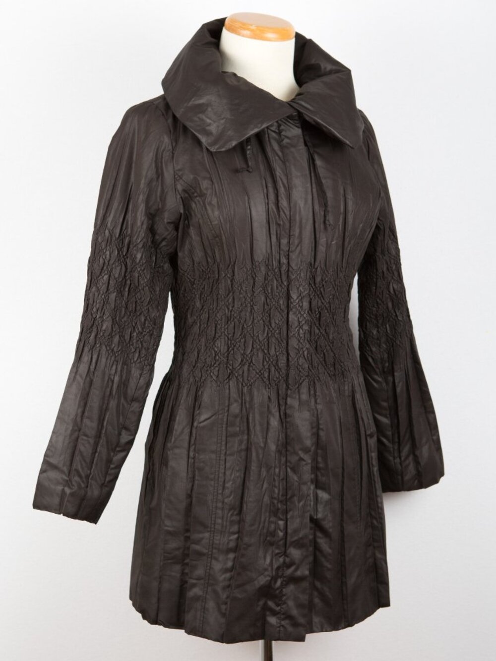 Ness Black Pleated Crinkle Mid-Length Coat Lightweight Jacket Women Sz Small